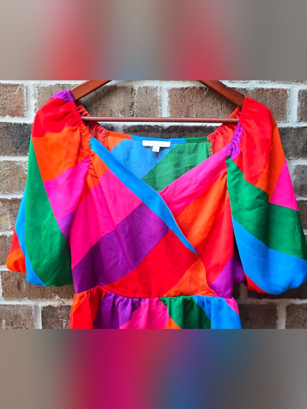 Skies Are Blue Multicolor Geometric Puff Sleeve Peplum Wrap Top Small - Picture 6 of 13